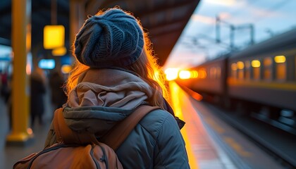 Canvas Print - Silhouette of a woman traveler waiting for a train at a picturesque railway station during a vibrant sunset