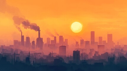 Poster - A cityscape with tall buildings and smoke coming from factories in the foreground. The sun is setting behind the buildings, casting a warm orange glow on the sky.