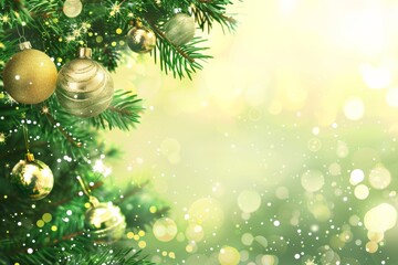 Wall Mural - sparkling golden christmas ornaments on green tree