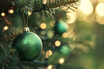 Wall Mural - green bauble on christmas tree with golden lights