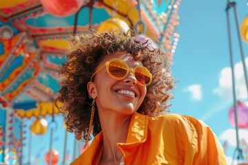 Wall Mural - A woman in a red dress is smiling and laughing in front of a carnival ride, generative ai image