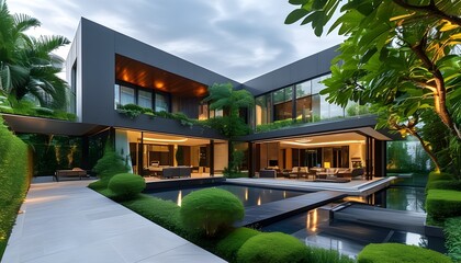 Wall Mural - Elegant modern residence framed by a stunningly landscaped garden