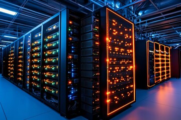 Poster - A set of stacked server racks, glowing with activity lights, symbolizing a data center filled with databases