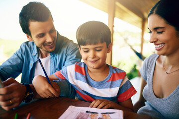 Mom, dad and kid at table with homework for teaching, learning and support in education with love. Color, pencil parents drawing with boy for help in homeschool, growth and child development on patio