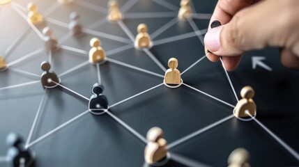 A group of wooden people are connected by strings