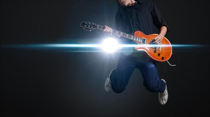 Wall Mural - Portrait of stylish musician play on guitar with backlights.