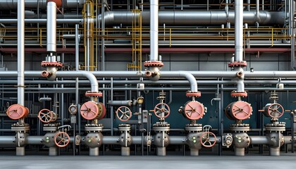 Wall Mural - Industrial landscape featuring complex machinery and intricate pipeline systems within a bustling oil refinery