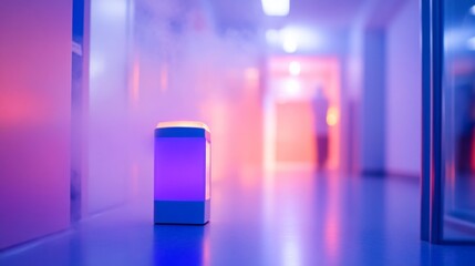 Poster - A softly glowing object sits on the floor of a mist-filled corridor, illuminated by vibrant purple and blue hues, casting an ethereal light as shadows dance along the walls in the background.