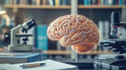 An image of a brain model with various neurological connections highlighted, placed on a desk with educational books and a microscope in the background.