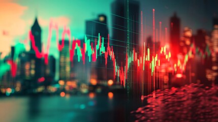 Fototapete - An image of a stock chart with a red and green color scheme indicating market fluctuations, with a blurred background of a city skyline and financial district.