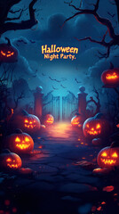 Halloween night scene with glowing carved pumpkins along a foggy path leading to a spooky, abandoned gate.  Bold, glowing text that reads 