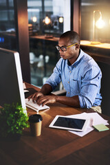 Poster - African, businessman and typing on tech at night in research as corporate communication specialist. Male person, working late and desktop for connection, internet or company as professional in office