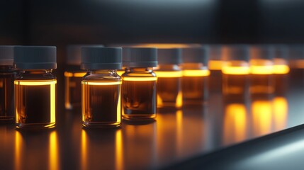 Aufkleber - A row of amber glass bottles with white lids, filled with a liquid that glows orange in the light, sit on a shiny metallic surface.