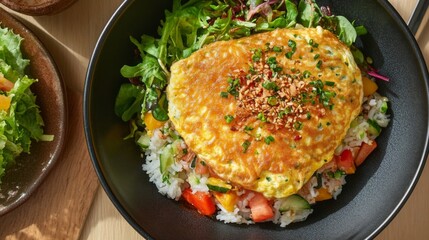 An overhead shot of a bowl of omurice, featuring a beautifully golden omelet covering a colorful mixture of rice and vegetables, with a side of salad.