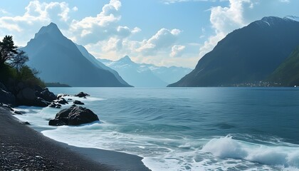 serene coastal landscape with majestic mountains and tranquil sea