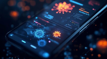 Fototapete - A mobile device is showcasing a visualization app featuring vibrant virus models in blue and orange. The screens display data analytics and engaging graphics related to virus information.