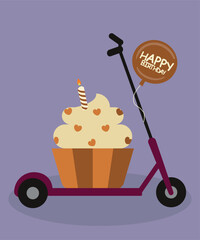 Wall Mural - Happy Birthday Illustration with Electric Scooter and Cupcake,Balloon