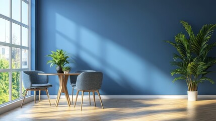 Poster - Modern interior design features an empty living room with a blank blue wall and a dining area showcasing a table and chairs, creating a serene atmosphere in the apartment