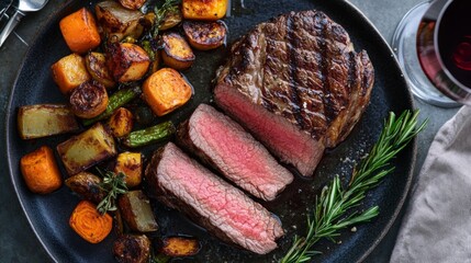 Wall Mural - An overhead shot of a succulent steak sliced open, showing its tender pink center, accompanied by a side of roasted vegetables and a glass of red wine.