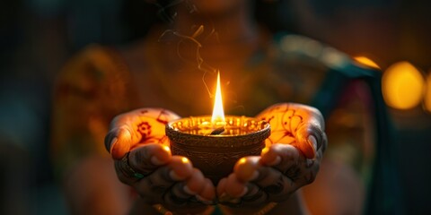 Hands Holding a Lit Diya, Celebrating Diwali