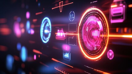 Poster - a futuristic black friday banner with glowing digital numbers, tech icons, and a sleek, modern look 