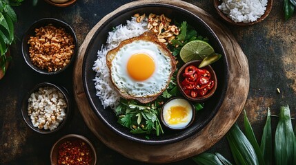 Wall Mural - An overhead shot of a traditional Thai breakfast plate featuring, with perfectly fried eggs in a small pan, accompanied by rice and a variety of condiments.