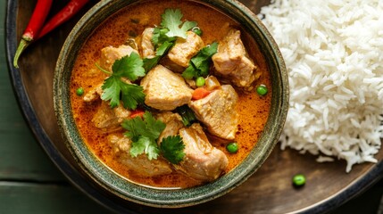 Canvas Print - An overhead shot of a traditional Thai pork curry, with tender pork chunks simmered in a rich, aromatic curry sauce, served with a side of steamed jasmine rice.