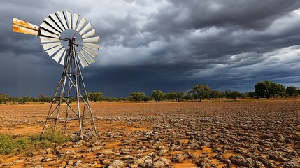 Old windmill standing in dry cracked earth under stormy sky