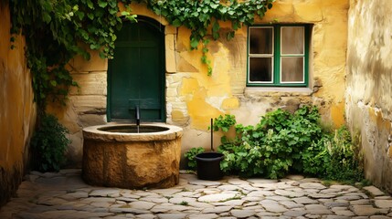 Ancient stone well is providing water to a small village courtyard