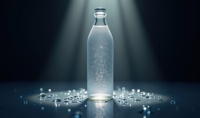 A beautifully illuminated glass bottle with sparkling water, surrounded by droplets, perfect for water branding or product packaging.