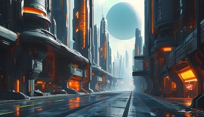 Wall Mural - Futuristic Sci-Fi Cityscape Map with Neon Elements and Advanced Architecture