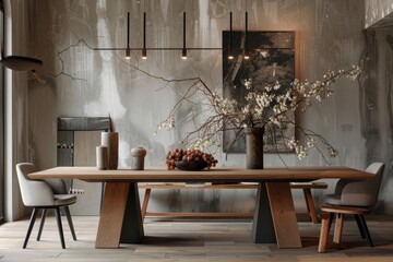 Poster - The dining area showcases a stunning ultra-realistic table crafted from light oak with a vintage style, complemented by soft lighting, elegant decorations, and a minimalist atmosphere.