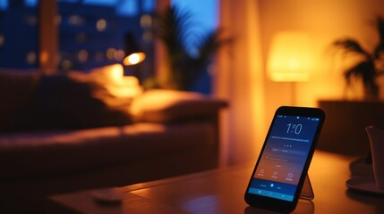 Poster - A smartphone rests on a table in a cozy living room, displaying the time as warm lights glow softly around the space. The atmosphere is calm and inviting, perfect for relaxation at night.