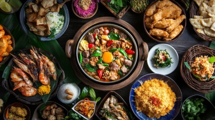 Poster - An overhead view of a breakfast spread featuring with a focus on the small pan and its delicious contents, surrounded by additional Thai breakfast dishes