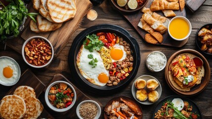 Poster - An overhead view of a breakfast spread featuring with a focus on the small pan and its delicious contents, surrounded by additional Thai breakfast dishes