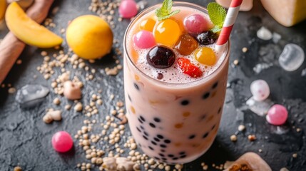 Poster - An overhead view of a bubble tea with a variety of toppings, such as fruit jelly and popping boba, arranged artistically on a flat surface with a decorative background.