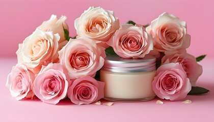 Wall Mural - Delicate Pink Roses Beside a Cream Jar Against a Soft Pink Backdrop