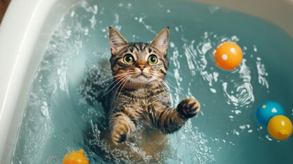Poster - An overhead view of a cat playing with bath toys in a tub, with water splashing around and the cat playful interaction making for a fun and engaging scene.