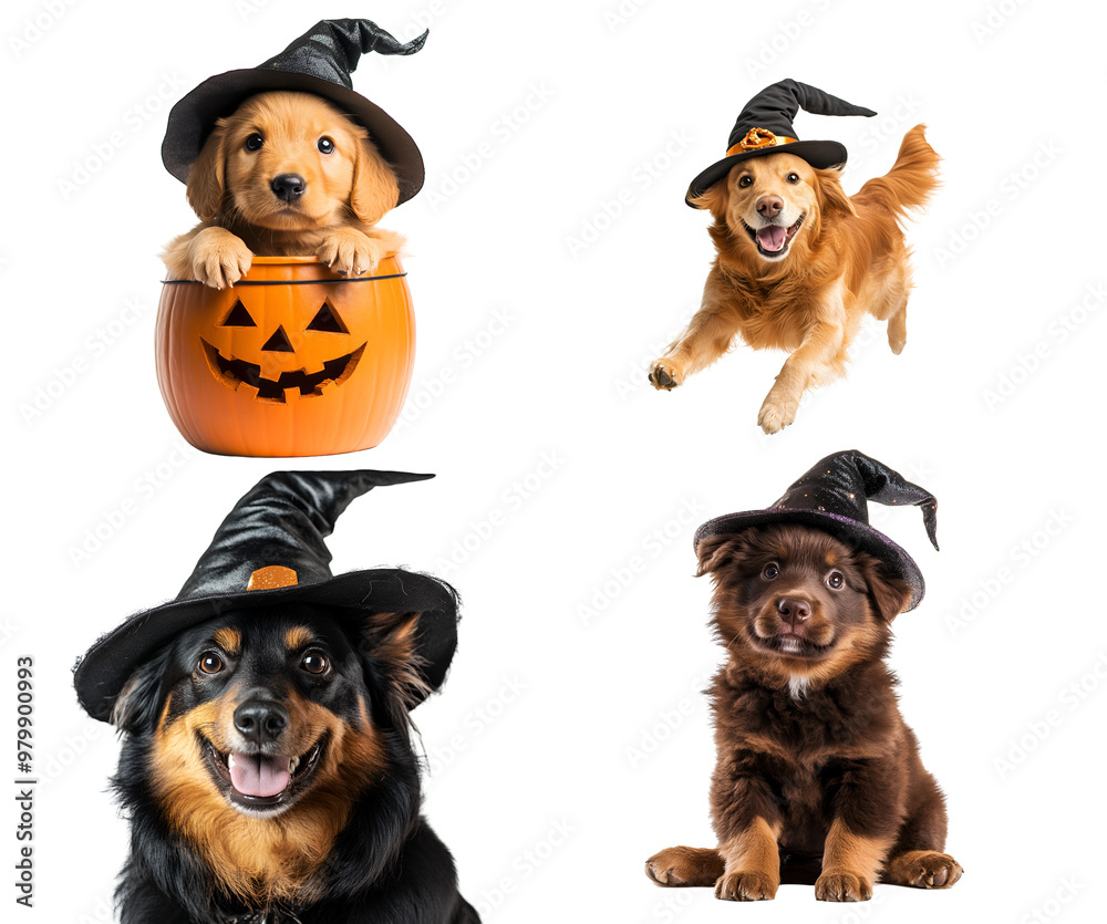 Set collection of dog and puppy wearing Halloween costume with witch ...