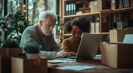 Poster - Collaborative workspace with older man and younger woman working together on a laptop