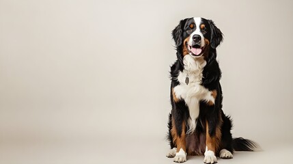 Wall Mural - A Bernese Mountain Dog sitting calmly on a light solid color background, showcasing its fluffy coat and friendly expression