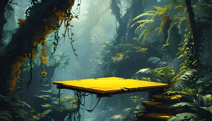 Wall Mural - Enchanted Yellow Platform Surrounded by Lush Greenery in a Mystical Jungle