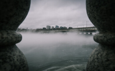 foggy bridge in the city