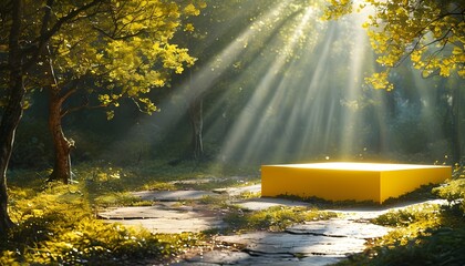 Poster - Sunlit Forest with a Vibrant Yellow Platform