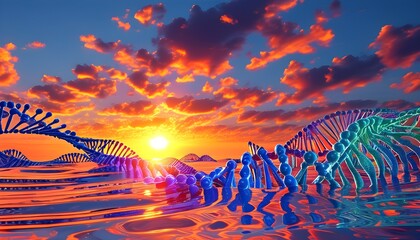 Wall Mural - Digital Sunset Over an Abstract DNA Landscape