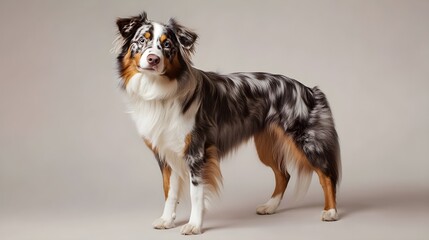 Wall Mural - A majestic Australian Shepherd dog standing proudly on a light solid color background, showcasing its vibrant coat and expressive eyes