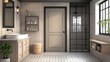 © Lazylizard - Retro French bathroom with minimalist design and elegant washbasin, featuring a shower area, black-framed door, and spacious beige floor tiles