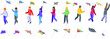 © ylivdesign - Kids playing flying kite icons set. Set of people launching different colorful kites isometric icons for web design isolated on white background