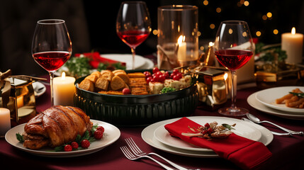 Wall Mural - A top-down view of a beautifully set Christmas Eve table, featuring food