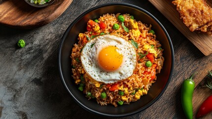 Wall Mural - An overhead view of a serving of curry fried rice with a side of crispy fried egg, highlighting the combination of textures and flavors in a casual dining environment.